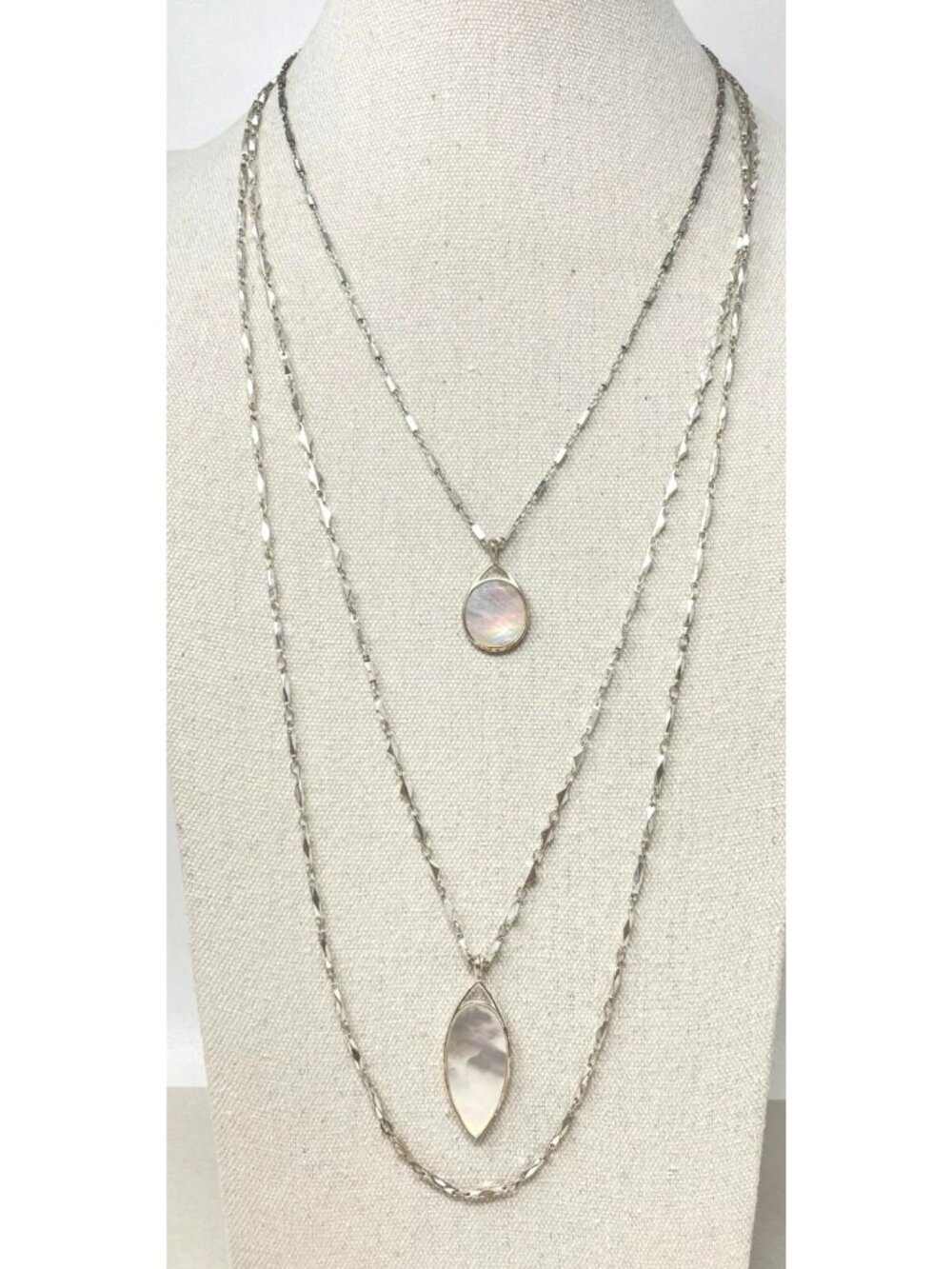 Stella & Dot Triple Layer Silver Necklace With Mother Of Pearl Pendants